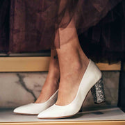 Braut Pump in Satin Ivory Weiss mit Glitzer Blockabsatz - Sparkle