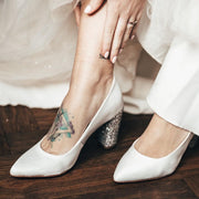 Braut Pump in Satin Ivory Weiss mit Glitzer Blockabsatz - Sparkle