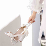 Braut Sandalette weiss mit Perlen und Schleife Ivory - Roxy Pearl