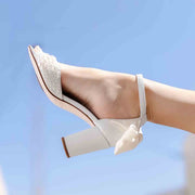Braut Sandalette weiss mit Perlen und Schleife Ivory - Roxy Pearl