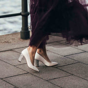 Braut Pump in Satin Ivory Weiss mit Glitzer Blockabsatz - Sparkle