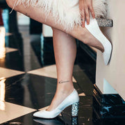 Braut Pump in Satin Ivory Weiss mit Glitzer Blockabsatz - Sparkle